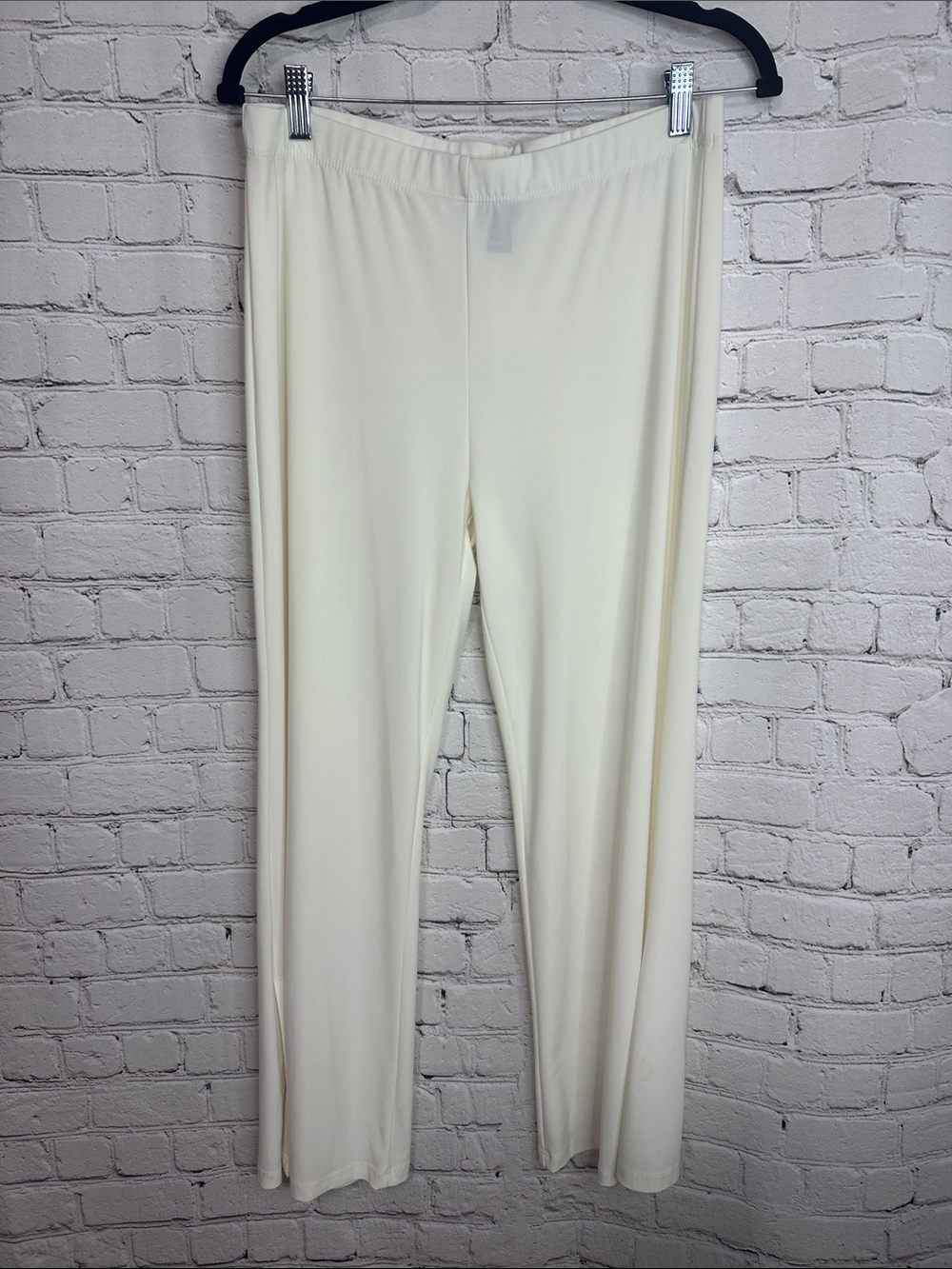 Clara Sun Woo Ivory Pull-On Side Slit Ankle Pants Travel Knit Made USA L
